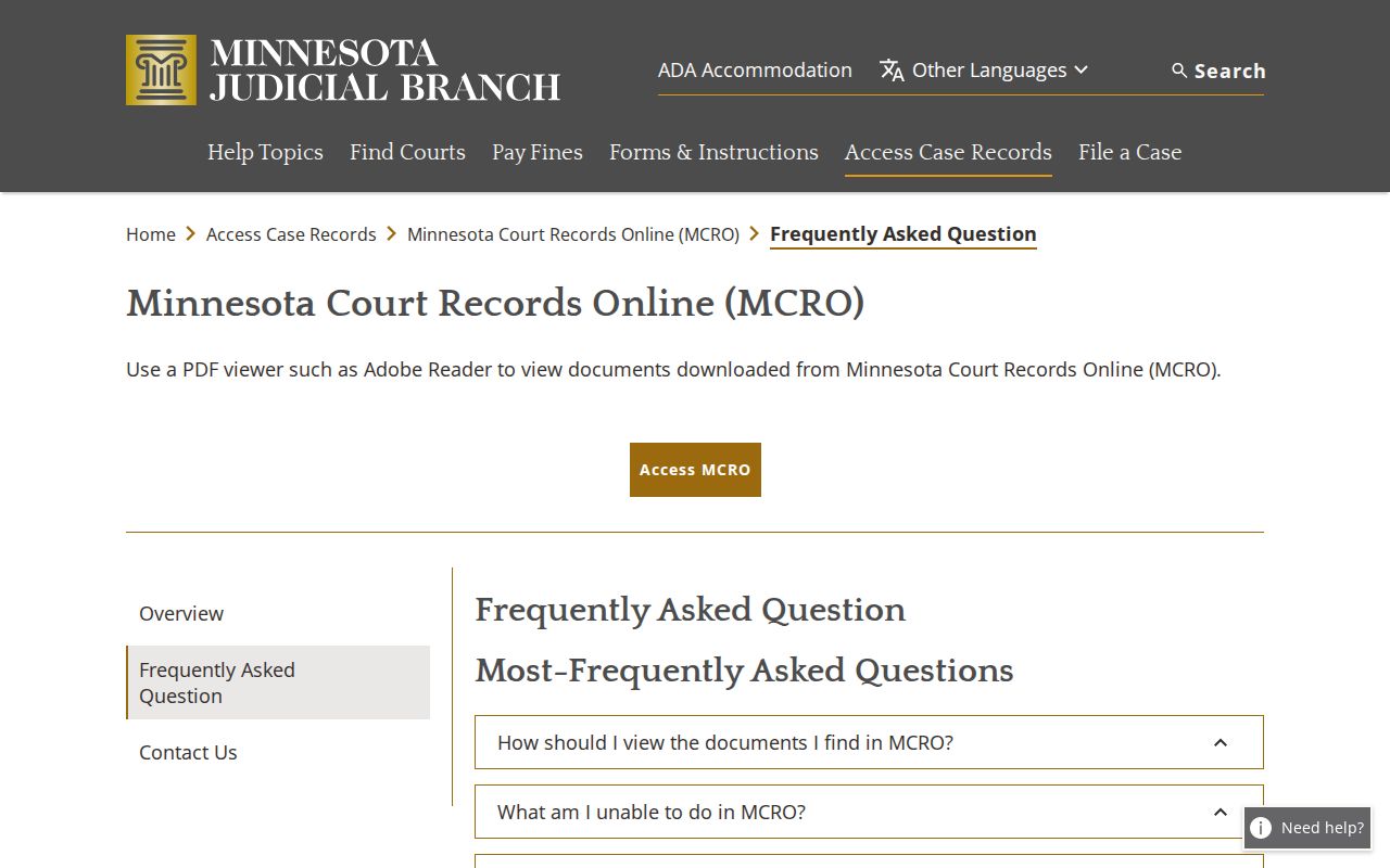 Minnesota court records FAQ section explaining active warrant flags in public case search results