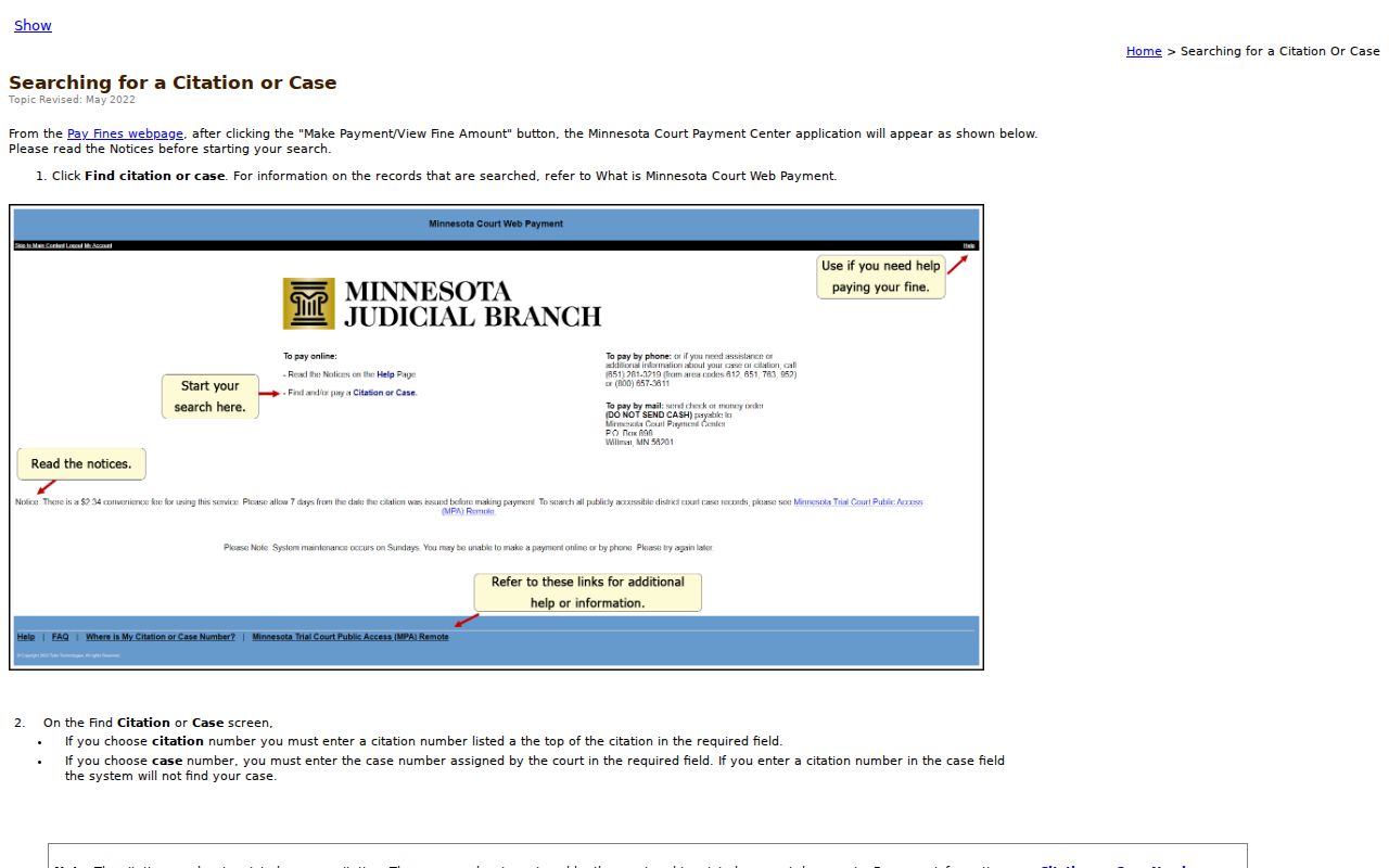 Minnesota Court Web Payment instructions for finding a citation or case by number
