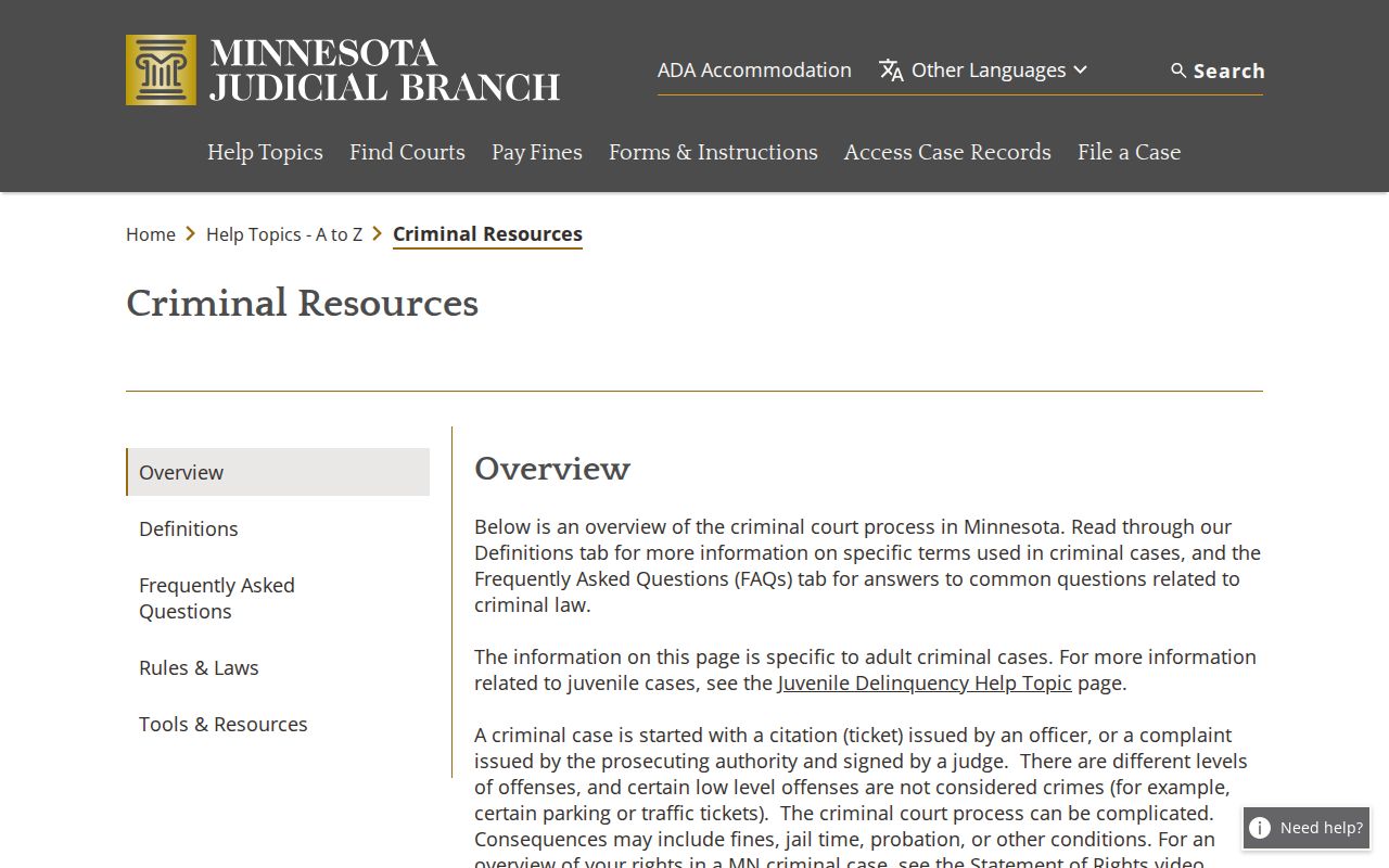 Minnesota Judicial Branch criminal help page defining what a warrant is and warning about failure to appear