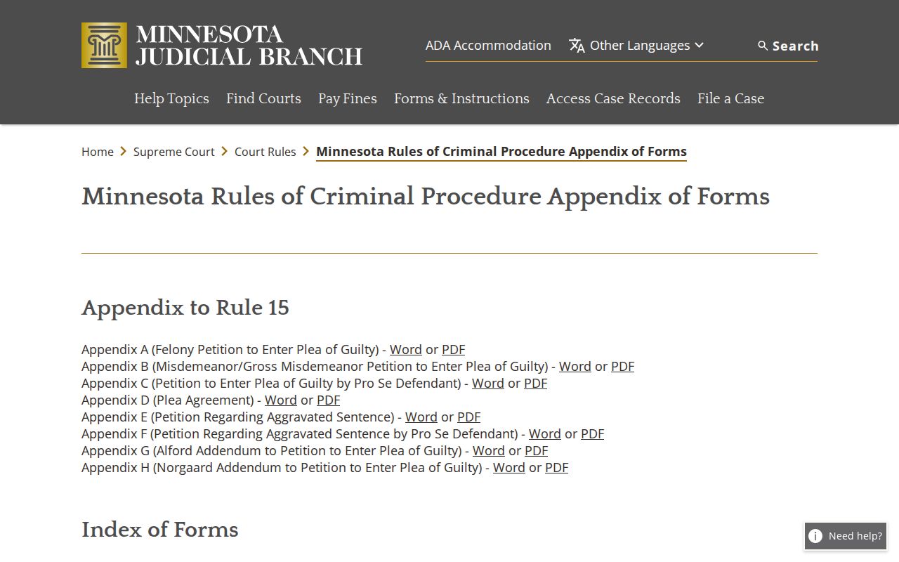 Minnesota Rules of Criminal Procedure form index page listing the failure-to-appear warrant form