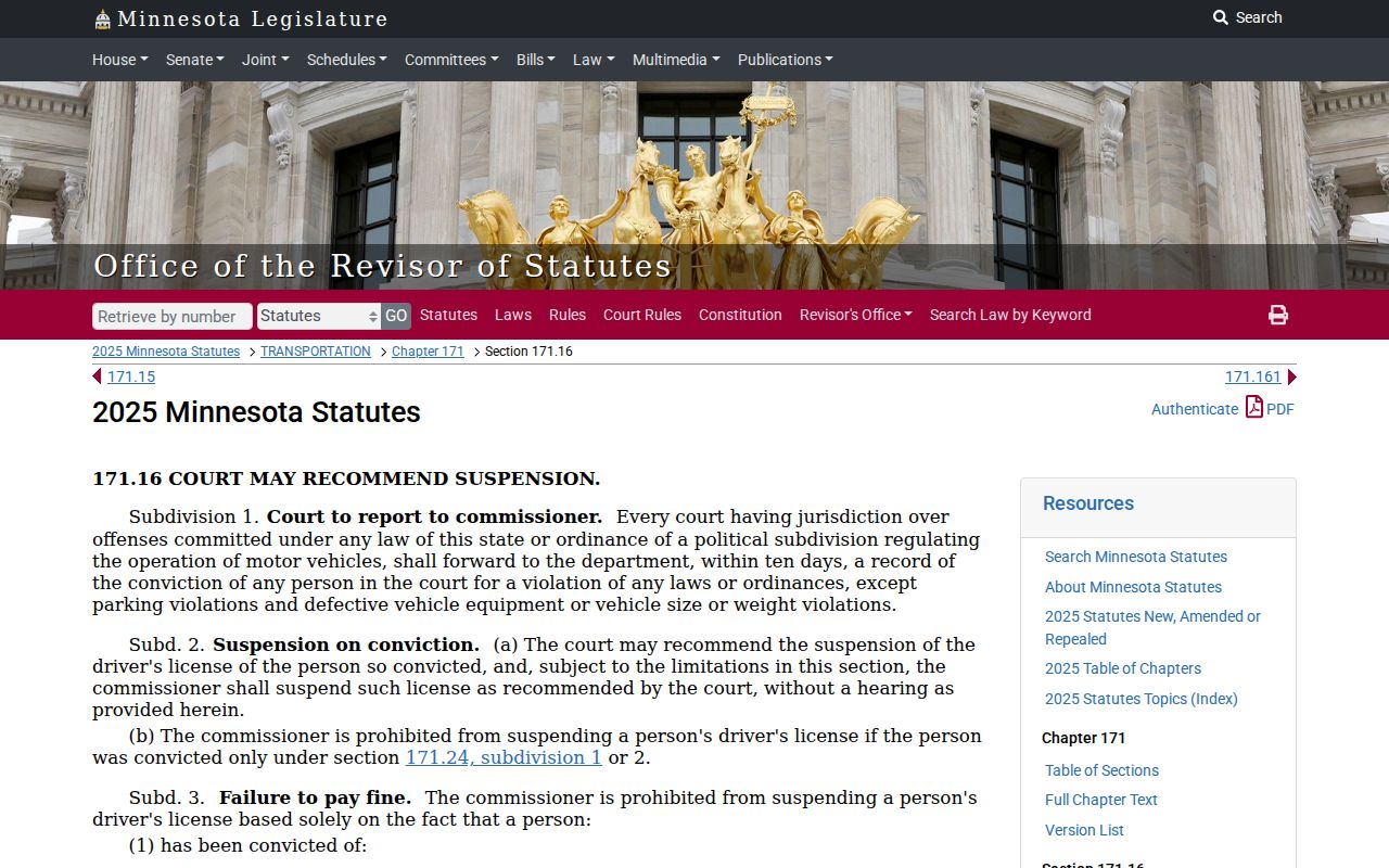Minnesota statute page describing current license suspension provisions related to failure to appear