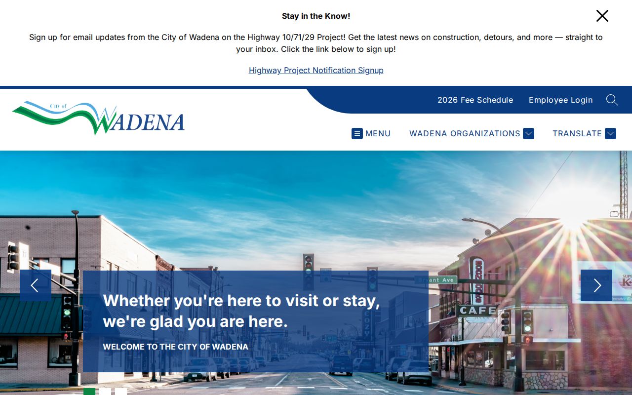 City of Wadena official website showing city office contact and services for residents