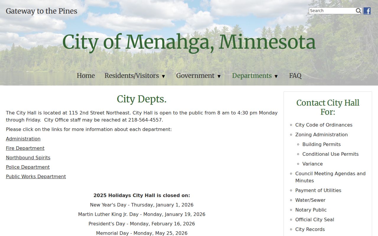 Menahga City Hall address and public office hours for residents contacting city departments