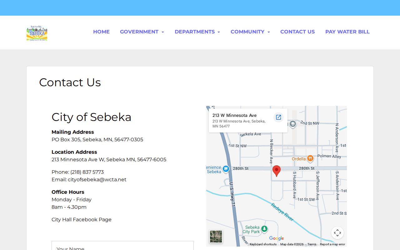 Sebeka City Hall contact page showing the building address, office hours, and city contact form