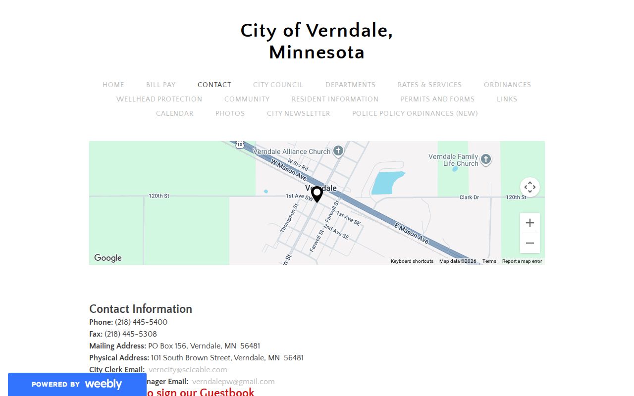 Verndale City Hall contact page showing office hours and the general city contact form