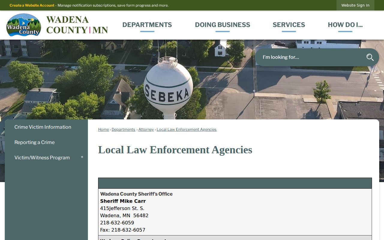 Wadena County local law enforcement agency list showing city police departments and Nimrod routing