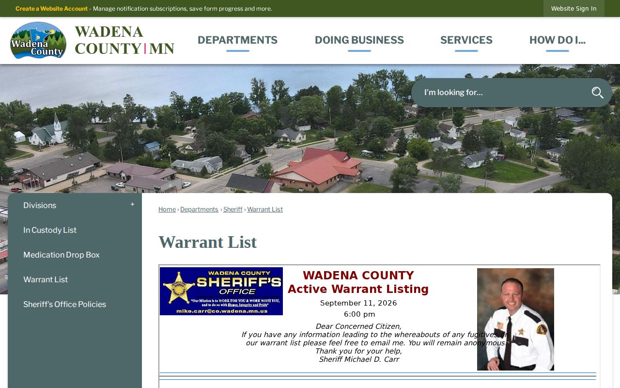 Wadena County Warrant List page linking the Sheriff's active warrant report for the county